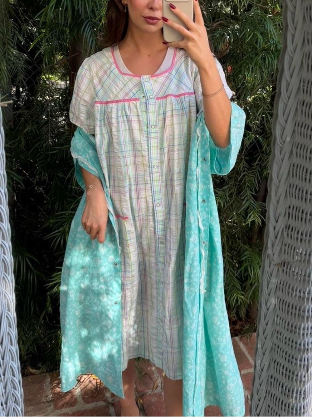 Vtg pink k blue plaid floral double layer nightgown robe set Size XL